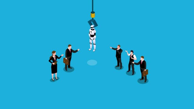 Robotic claw choosing robot from a group of business people 3d animation