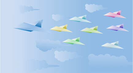 Paper style blue airfighter represent the journey to success of leader