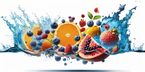 Obraz na płótnie Canvas Fresh multi fruit pouring into pure blue water represents a healthy diet and freshness on a white backdrop. Generative AI