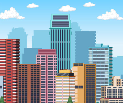 Urban landscape with high skyscrapers background