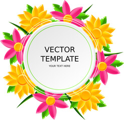 Template with white negative round space with frame of spring yellow and pink flowers and leaves. Vector illustration.