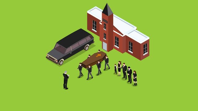 Funeral service with hearse people carrying coffin and mourning guests