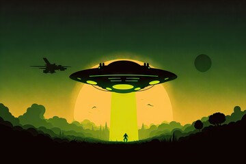 Alien UFO in the sky, in a simple design, with beautiful elements, representing an invasion, or a visiting from another planets, generative ai