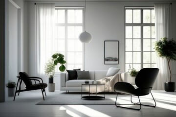 white and black living room with furniture in red details, Generative AI