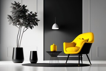 white living room with luxury furniture with yellow details, Generative AI