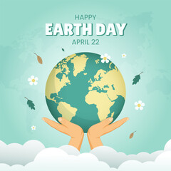 Earth day April 22 with hands globe and flowers leaves illustration