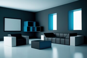 white living room with luxury furniture with blue details, Generative AI