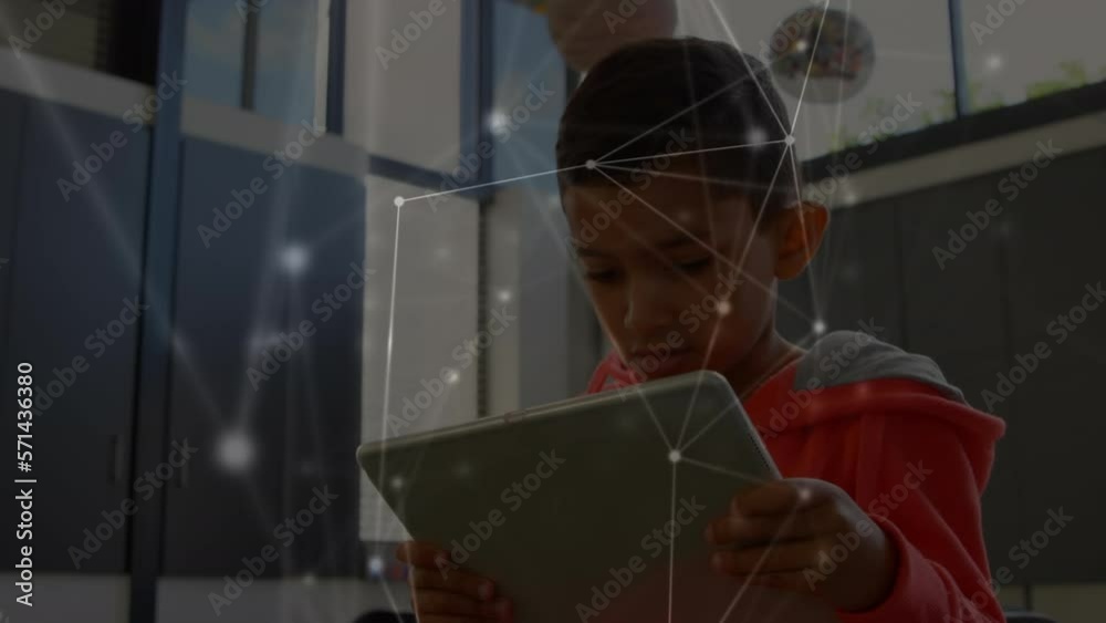 Poster animation of network of connections with data processing over schoolboy using tablet