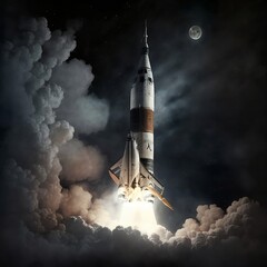 Ultra-realistic image of the Saturn V rocket taking off at night