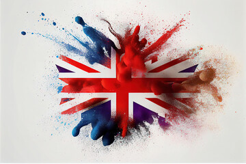 UK United Kingdom Flag Colors of Powder Dust Splash and Explosion Abstract Art on White Backdrop AI Generative  