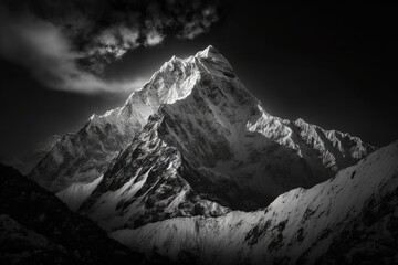 Black and white image of Nepal's Everest region's Thamserku mountain peak. Generative AI - obrazy, fototapety, plakaty