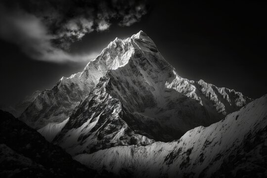 Black and white image of Nepal's Everest region's Thamserku mountain peak. Generative AI
