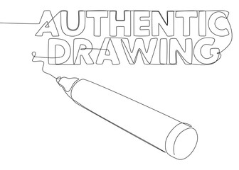 One continuous line of Authentic Drawing text written with a pencil, felt tip pen. Thin Line Illustration vector concept. Contour Drawing Creative ideas.