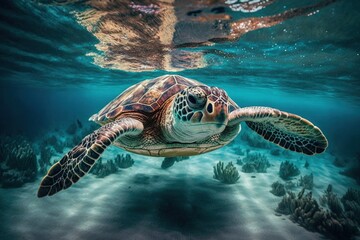 a sea turtle swimming in the clear water of the ocean. turquoise ocean with a turtle. diving with aquatic animals in the wild. Generative AI - obrazy, fototapety, plakaty