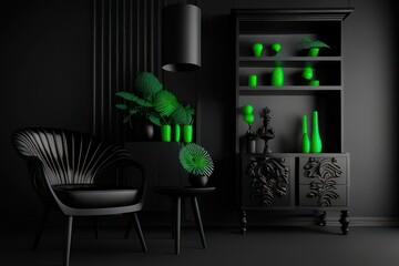 black living room with furniture in green details. Generative AI