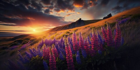 Sunset on a hill covered with lupines in summer season with cloudy sky. Landscape. Generative AI