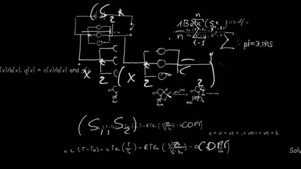 Animation of mathematical equations and diagrams floating against black background - Powered by Adobe