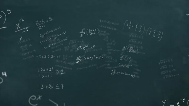 Animation of mathematical equations floating against black chalk board