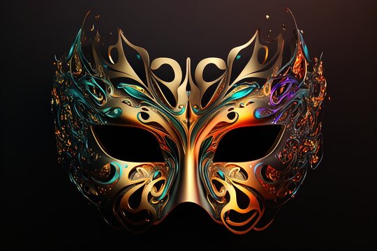 festive carnival mask with rich decoration, attributes of the Brazilian carnival. Venetian carnival mask and beads decoration. Mardi gras background. Generative AI