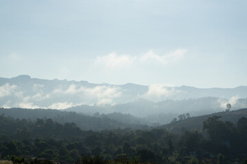 View from the mountain at northern Chiang Mai, Thailand, fog-shrouded valley foggy landscape