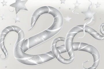 White background with a silver serpentine and stars. concept of celebrating a birthday,newborn , party or anniversary in silver tones. Generative AI