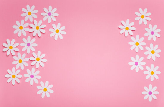 Fondo de color rosa oscuro con margaritas blancas de papel, ilustra la primavera en tonos frescos con paper cut