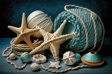 Fototapeta na wymiar Seashells, rope, and starfish on a blue background with room for writing. Generative AI