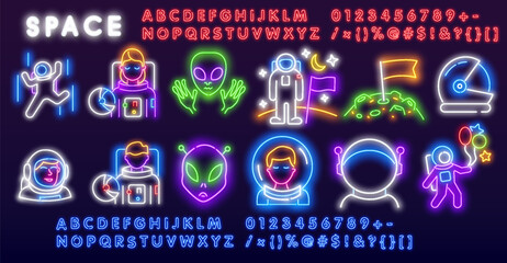 Vector colorful set of space neon lamp icons. Glowing rocket, planets, alien ship, sun, moon, comet and stars on purple background