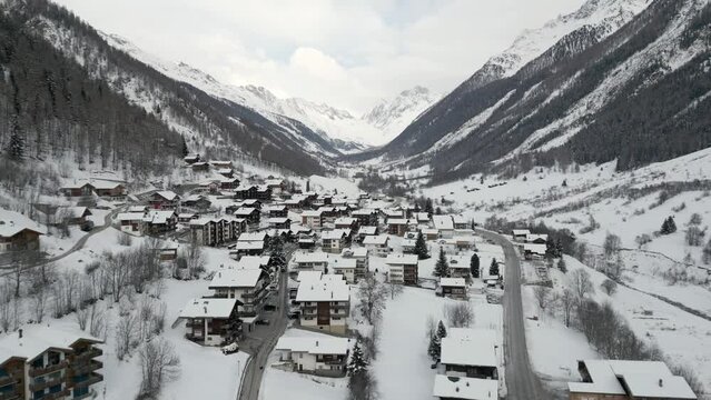 Snowscape Village Wiler in L&ouml;tschental Canton Wallis in Switzerland. Aerial Shot Winter Landscape