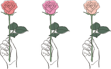 一輪のバラを持つ手のシンプルなイラスト カラーバリエーション