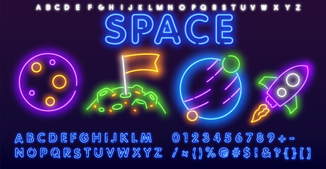 Neon icon discovery of a new planet. Set of neon icons on a space theme: planets, comets, meteors, constellations, stars, spaceships and rockets. Neon font