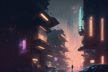 Futuristic illustration of a cyberpunk city. Generative AI