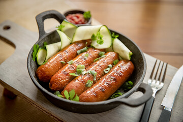 chicken or pork sausages served for meal, bbq or grilled