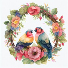 Couple Birds in Love Heart Shape Floral Wreath