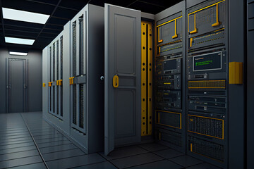 3D rendering of the center of the database computer room with a sense of technology