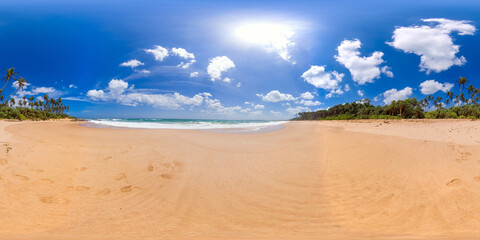 Tropical sandy beach near the blue sea. Sri Lanka. Rekawa Beach. 360 panorama VR.
