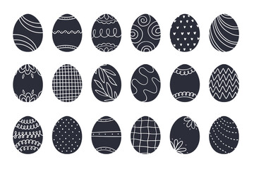 Easter egg collection decorated with Scandinavian style patterns, ornaments and textures. Black and white minimalist painted eggs