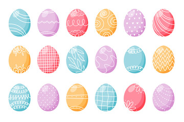 Easter egg collection decorated with Scandinavian style patterns, ornaments and textures. Coloured flat style painted eggs