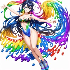funny, naughty girl posing with rainbow waves, body art, fantasy, generated in AI