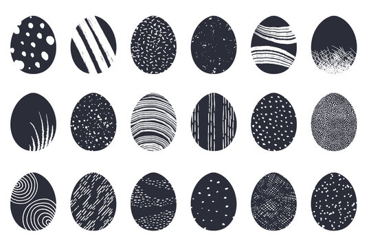 Easter egg collection decorated with Scandinavian style patterns, ornaments and textures. Black and white minimalist painted eggs