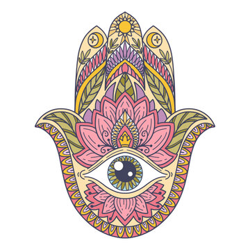 Fatima Hand colored Indian symbol. Khamsa, sacred eastern sign, good luck charm. Hamsa with all seeing eye. Vintage boho style.Vector illustration