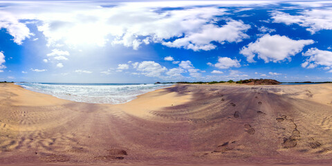 Fototapeta na wymiar Large sandy beach and blue ocean waves. Arugam Bay, Sri Lanka. 360 panorama VR.