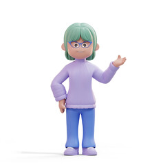 3D illustration of standing beautiful woman in explaining pose, Cute cartoon smiling attractive girl with casual style presentation concept
