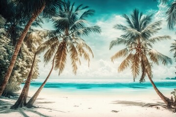 Coconut palm trees and a lovely white beach in the tropics. Concept of holidays and vacations. Generative AI
