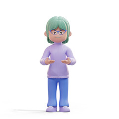 3D illustration of standing beautiful woman. Cute cartoon smiling attractive girl with casual style in purple and blue