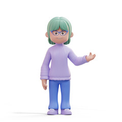 3D illustration of standing beautiful woman in explaining pose, Cute cartoon smiling attractive girl with casual style presentation concept