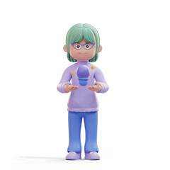 3D illustration of standing beautiful woman carrying purple bulb as idea concept. Cute cartoon smiling attractive girl with casual style