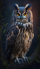 A dramatic and realistic portrait of a superb owl. Generative AI