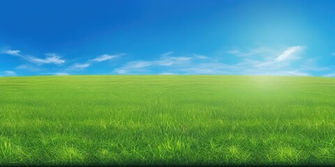 Fototapeta na wymiar Flat green grass, lawn against a large blue sky on a Sunny day. Wide view of the countryside. Natural background of green grass, fresh juicy shot. Generative AI