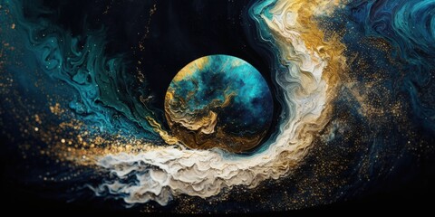 Abstract background of deep space. Acrylic paints and gold glitter. Marble appearance. current art. Generative AI